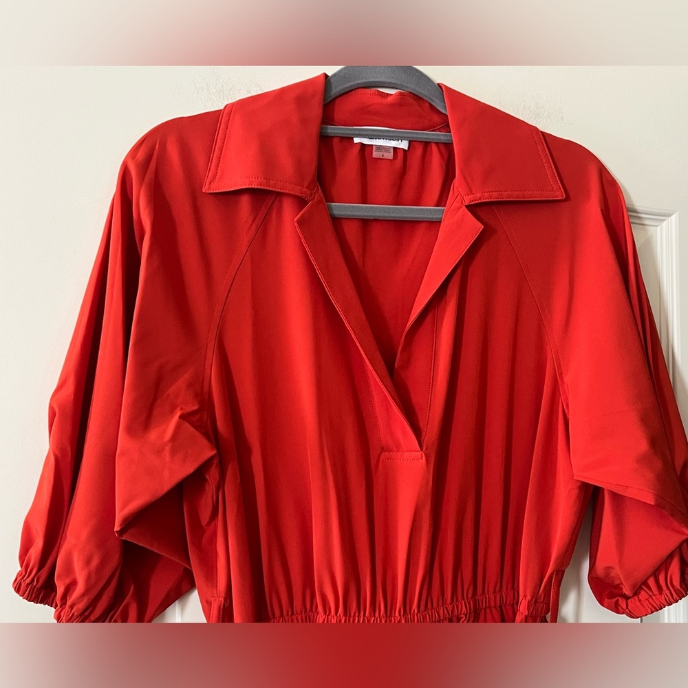 Calvin Klein Vibrant Reddish Orange Midi Dress with Waist Tie Women’s Size 4 - Picture 12 of 16